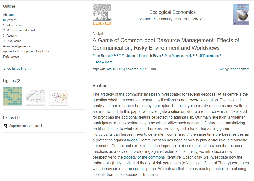 The “A Game of Common-pool Resource Management: Effects of Communication, Risky Environment and Worldviews” article available online